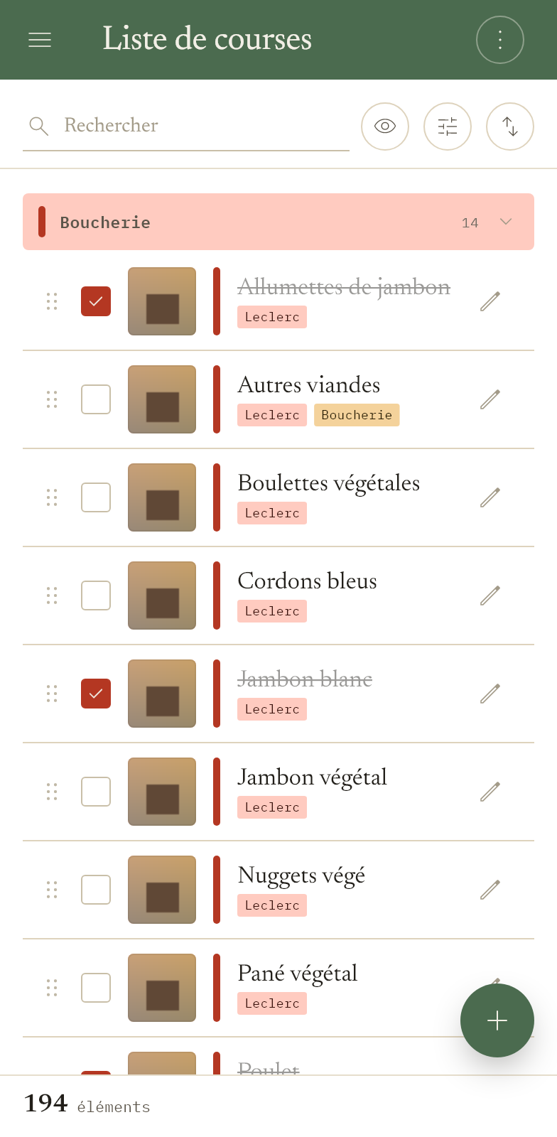 La liste de courses sur téléphone, en clair ou en sombre selon votre réglage.